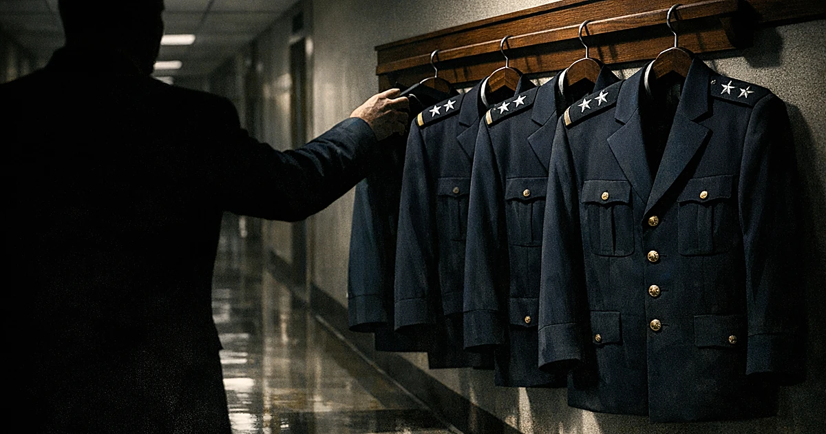 Empty military uniforms with one-star shoulder boards on rack as silhouetted figure reaches toward them from behind