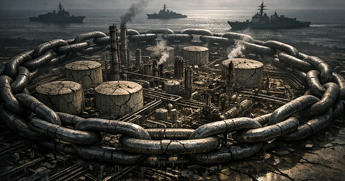Oil refinery surrounded by tightening chains with naval vessels in distant waters