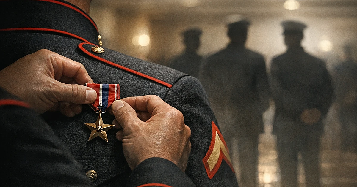 Hands pinning bronze star medals onto military dress uniform from behind during Pentagon ceremony