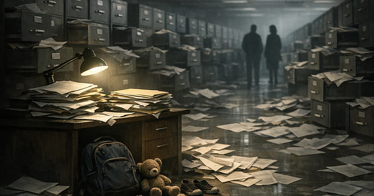 Overwhelmed government office with filing cabinets, scattered papers, and abandoned children's belongings among folders