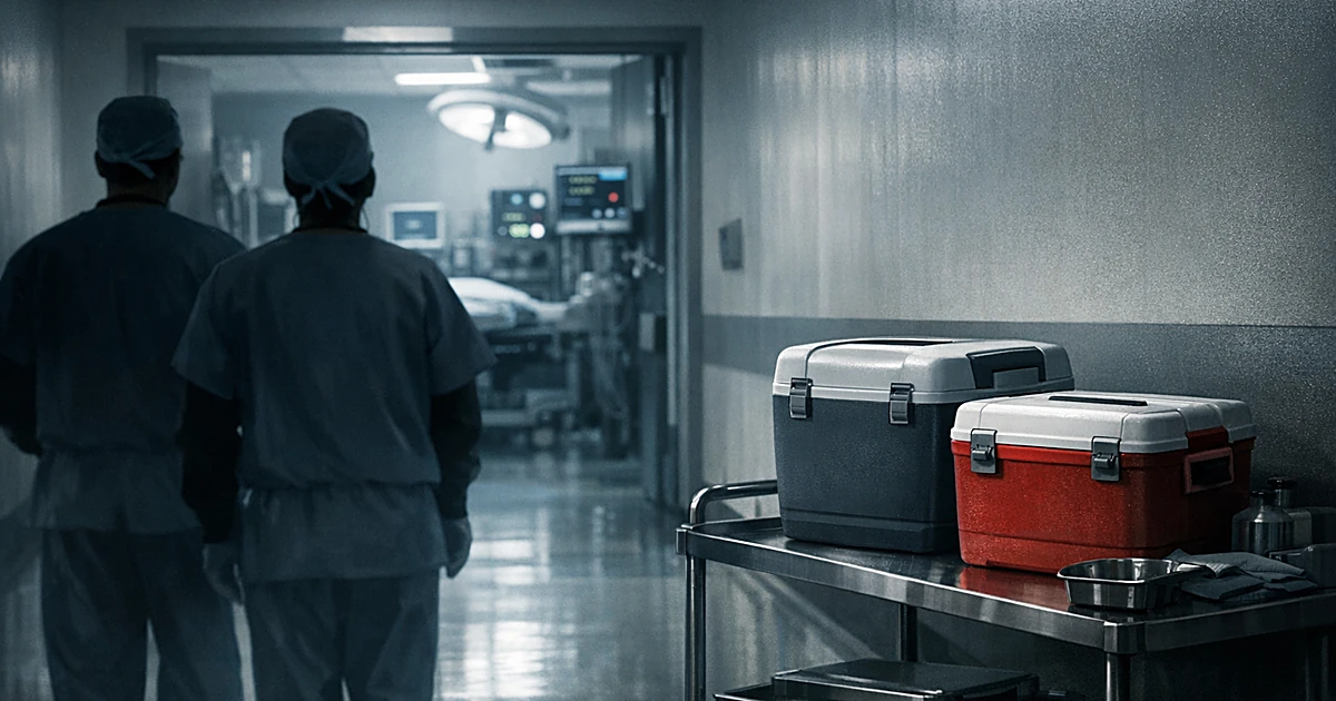 Silhouetted medical staff in hospital corridor with organ transport containers and monitoring equipment in shadows