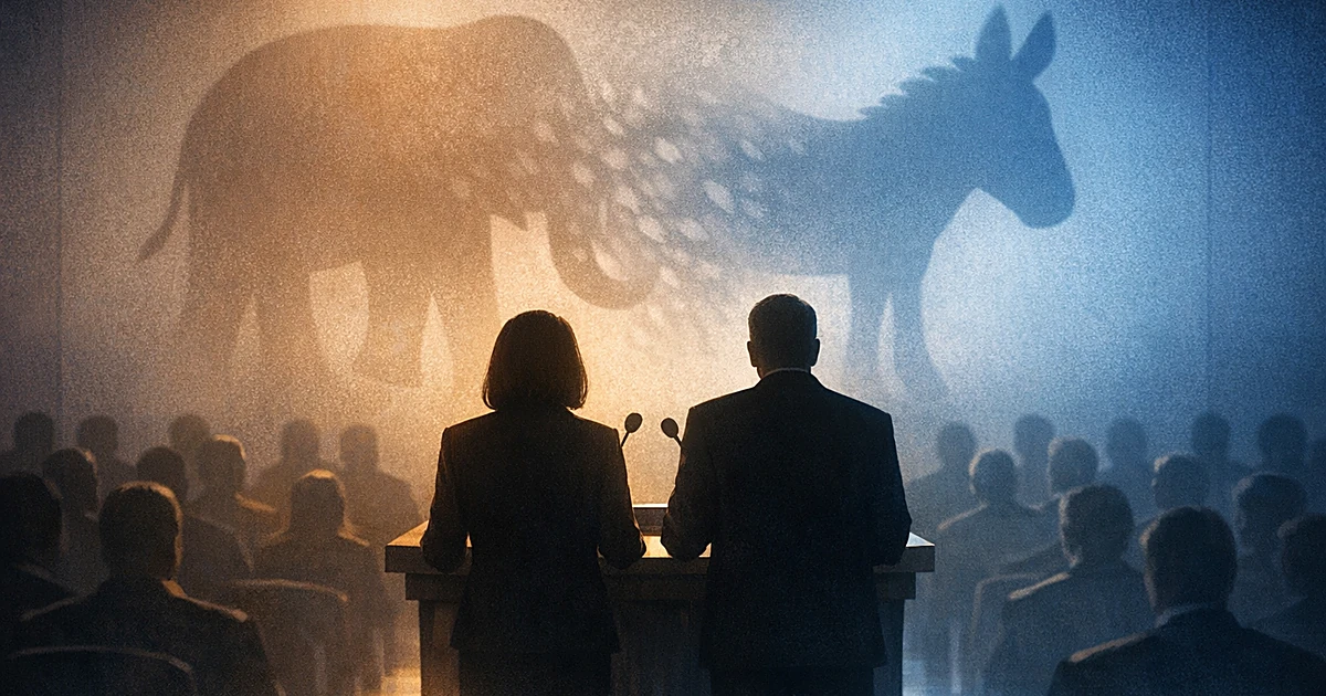 Silhouettes at podium with elephant transforming to donkey shadow behind them in auditorium setting