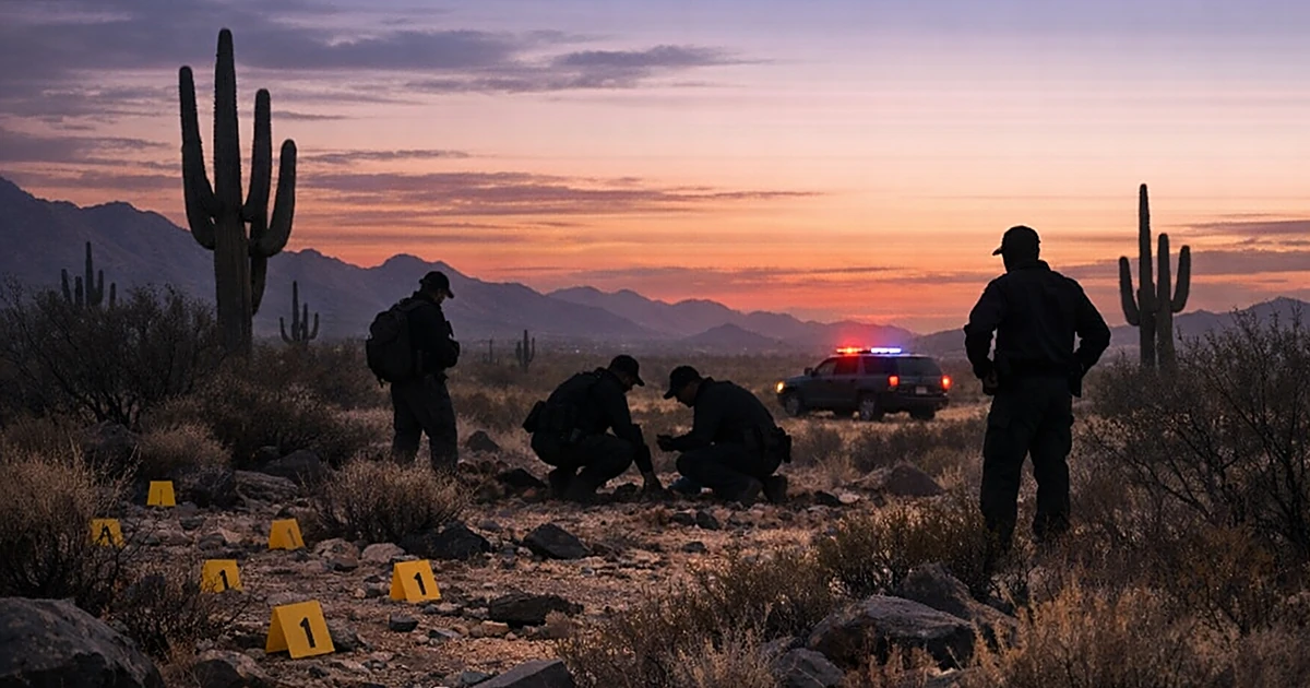 Silhouetted search personnel examining Arizona desert terrain at dusk with evidence markers on the ground