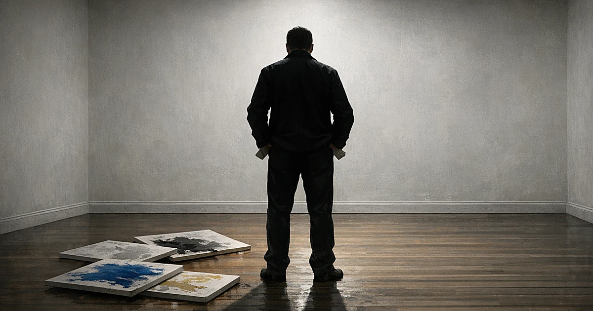 Person from behind in empty room with turned-out pockets and scattered canvases on floor