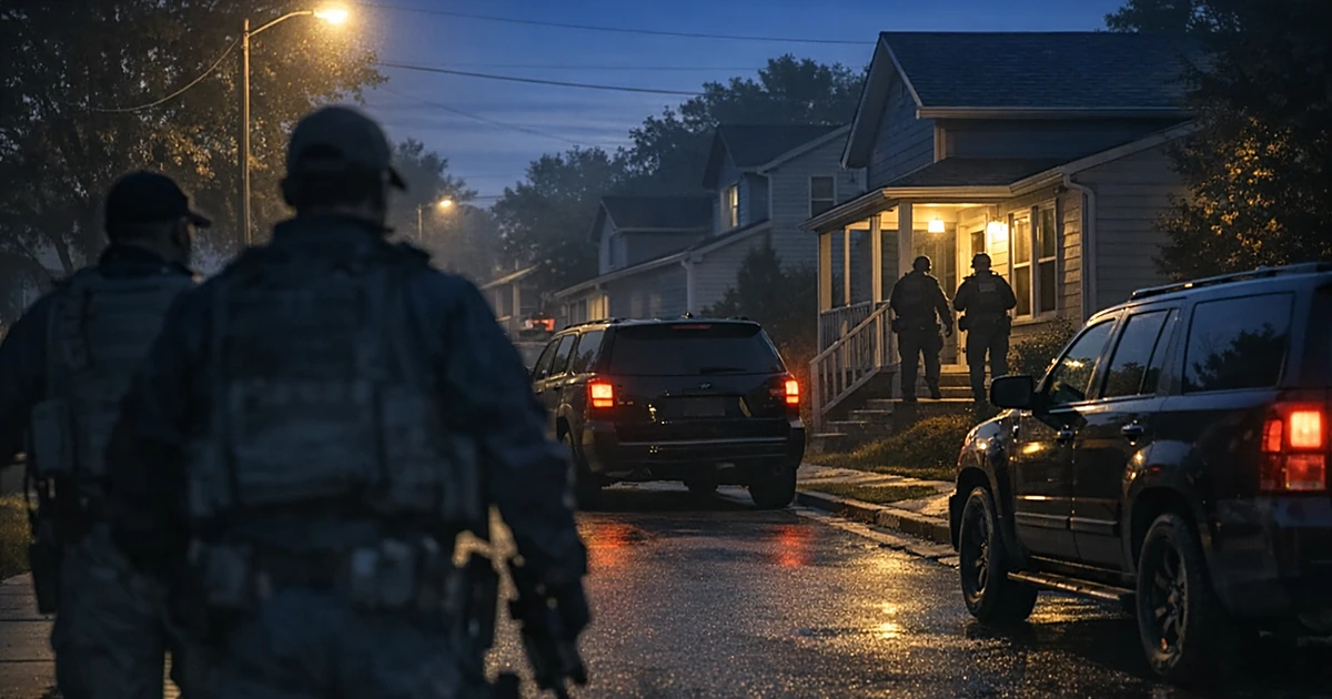 Silhouettes of officers approaching a suburban home during an early morning law enforcement operation