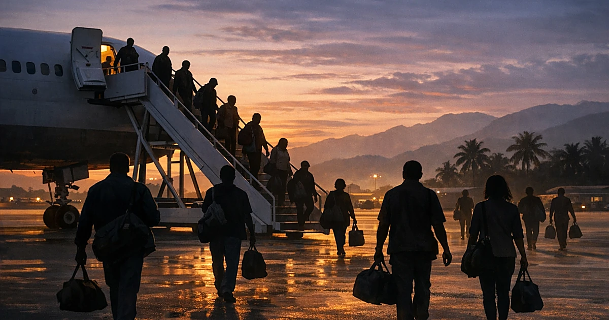Silhouettes of people deplaning onto tropical airport tarmac at dusk with palm trees and mountains in background