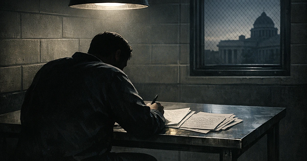 Silhouette of person writing at table in institutional room with courthouse visible through window