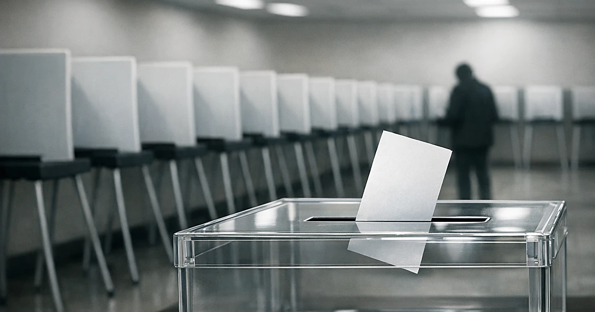 A ballot being deposited into a clear ballot box with empty voting booths in the background of a polling place