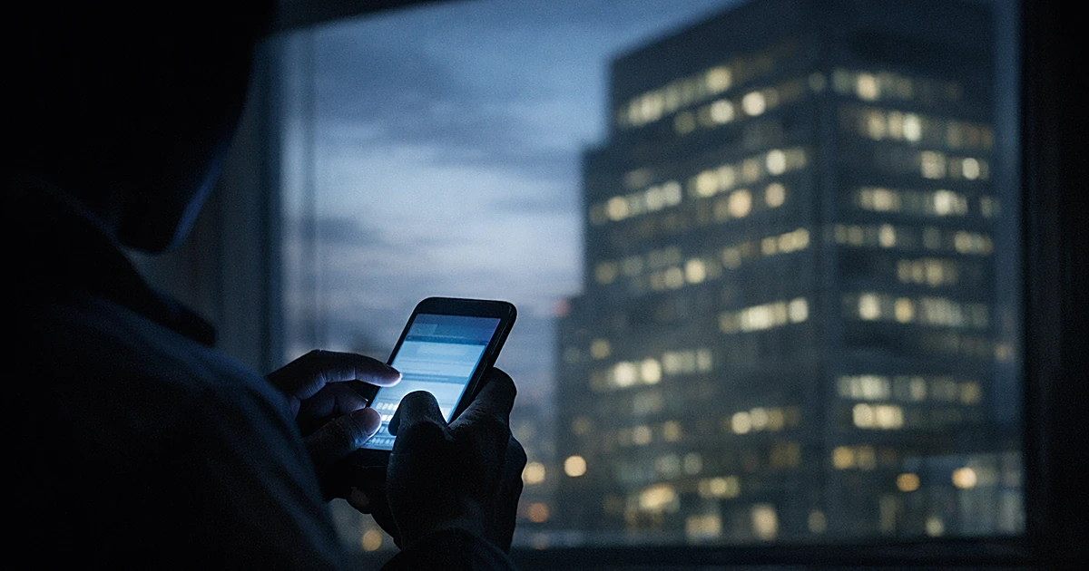 Hands silhouetted typing on glowing smartphone with corporate office building visible through window in background
