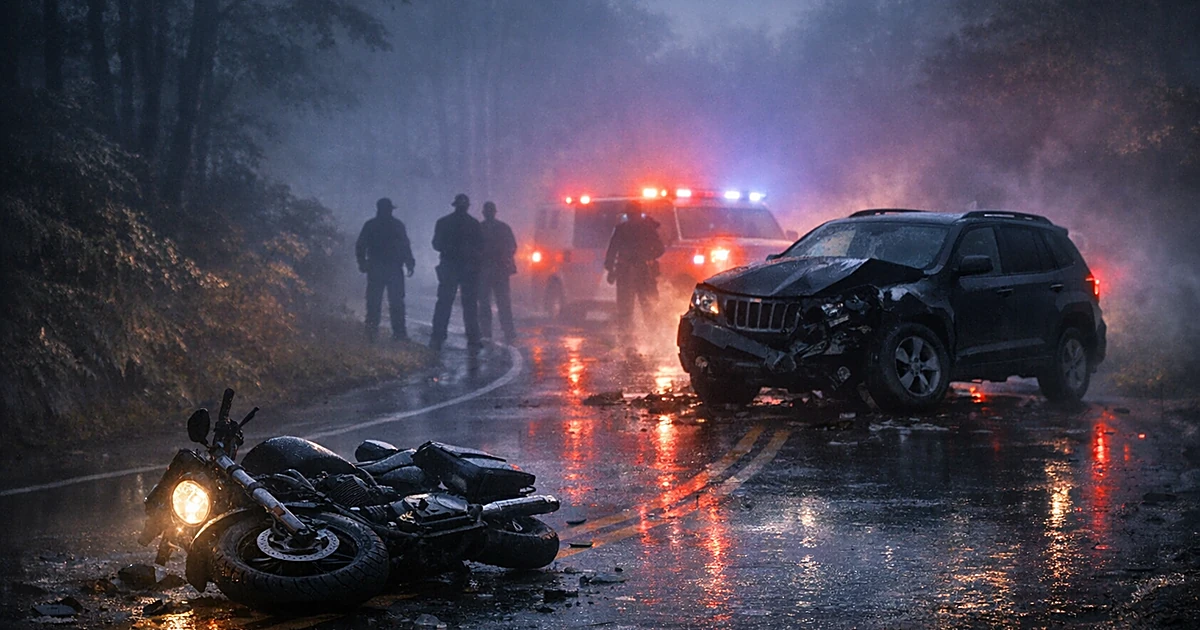 Motorcycle and vehicle on dark rural road with emergency lights reflecting on wet pavement after collision