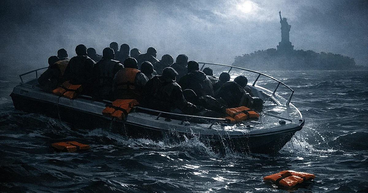 Overcrowded small boat tilting dangerously in dark harbor water at night with silhouetted passengers