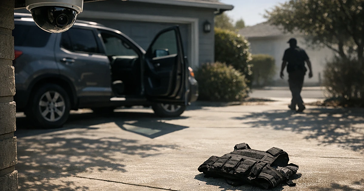 Open SUV door and tactical vest on suburban driveway with security camera overhead in harsh daylight