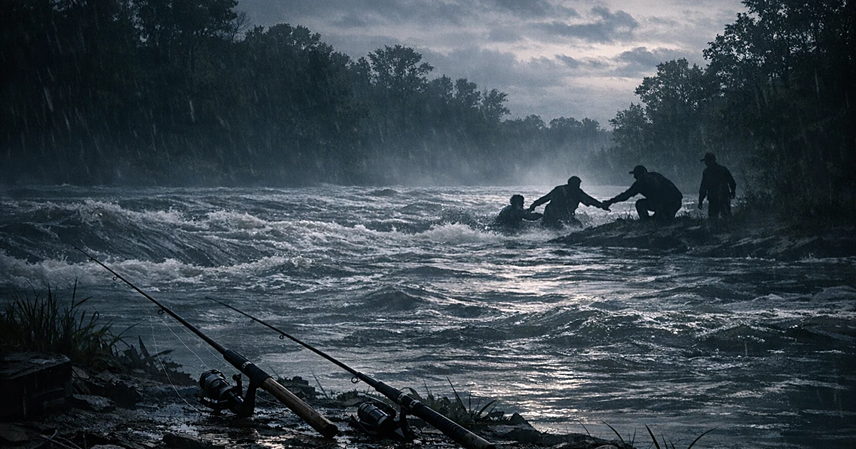 Abandoned fishing rods on muddy bank beside turbulent, flooded river at dusk with dark trees in background