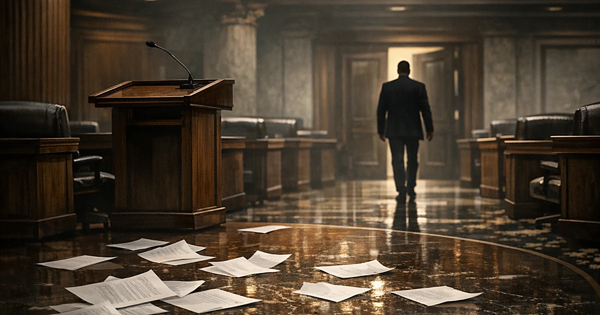 Silhouetted figure walking away from podium in empty legislative chamber with scattered papers on floor