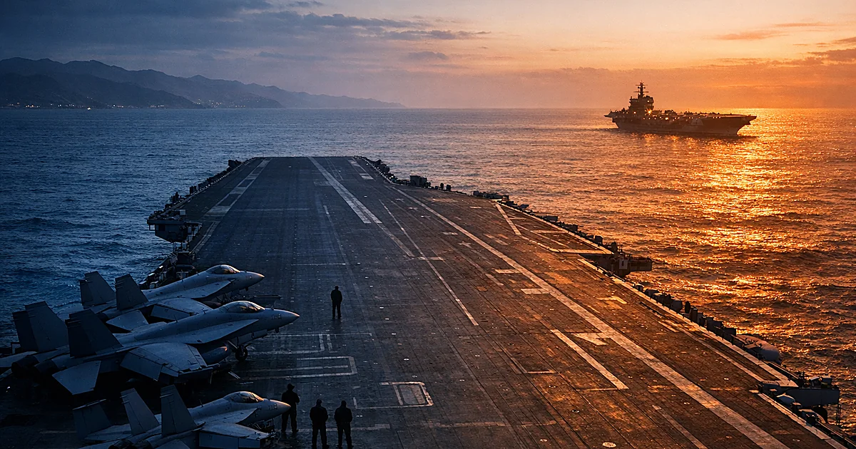 Aircraft carrier departing Pacific waters toward Middle East, leaving empty ocean behind, viewed from above at dusk
