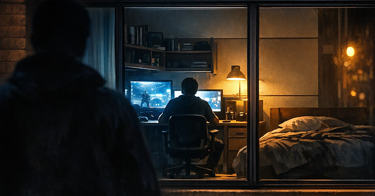 Silhouette of person at computer in dorm room viewed through window by shadowy figure outside at night