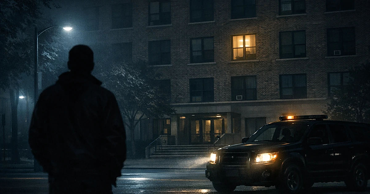 Silhouetted figure watching illuminated dormitory window at night with security vehicle nearby