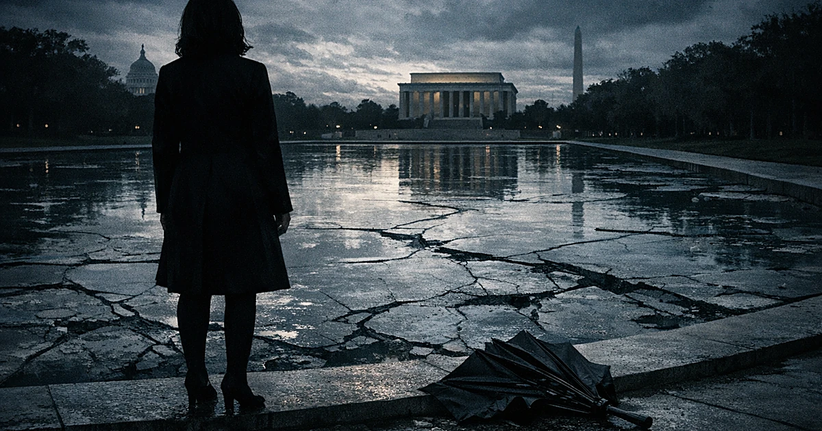 Silhouetted figure by damaged reflecting pool with collapsed umbrella and government buildings in background