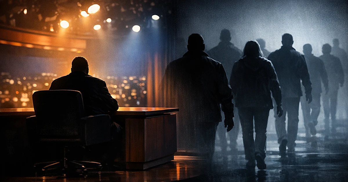 Split scene of TV studio with silhouetted host and shadowy figures walking away into darkness