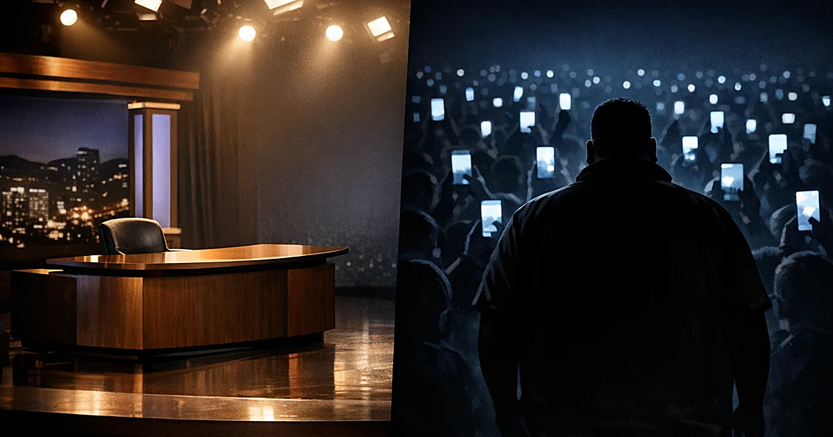 Split scene of empty TV studio stage with lights and silhouetted figure facing wall of glowing smartphone screens