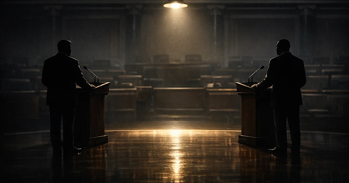 Two silhouetted figures at podiums in a congressional chamber, connected by a beam of light between them