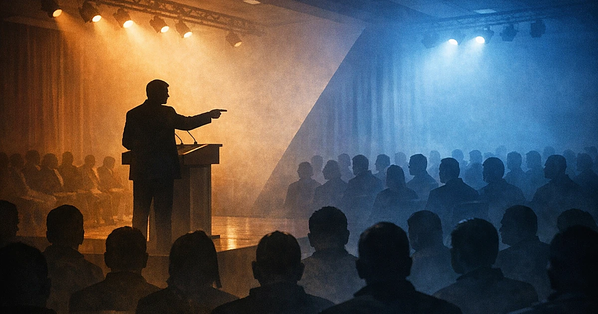 Silhouetted speaker at podium addressing audience in split-lit room with warm and cool tones suggesting division