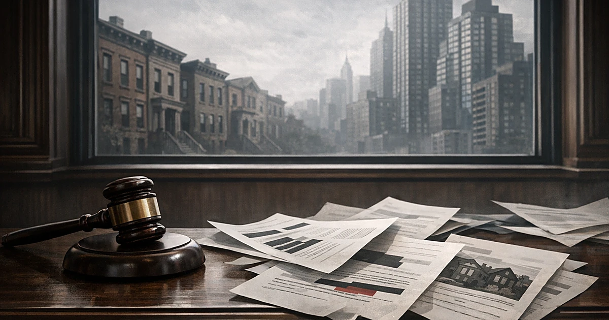 Gavel on bench with NYC residential buildings visible through window, scattered property documents being removed