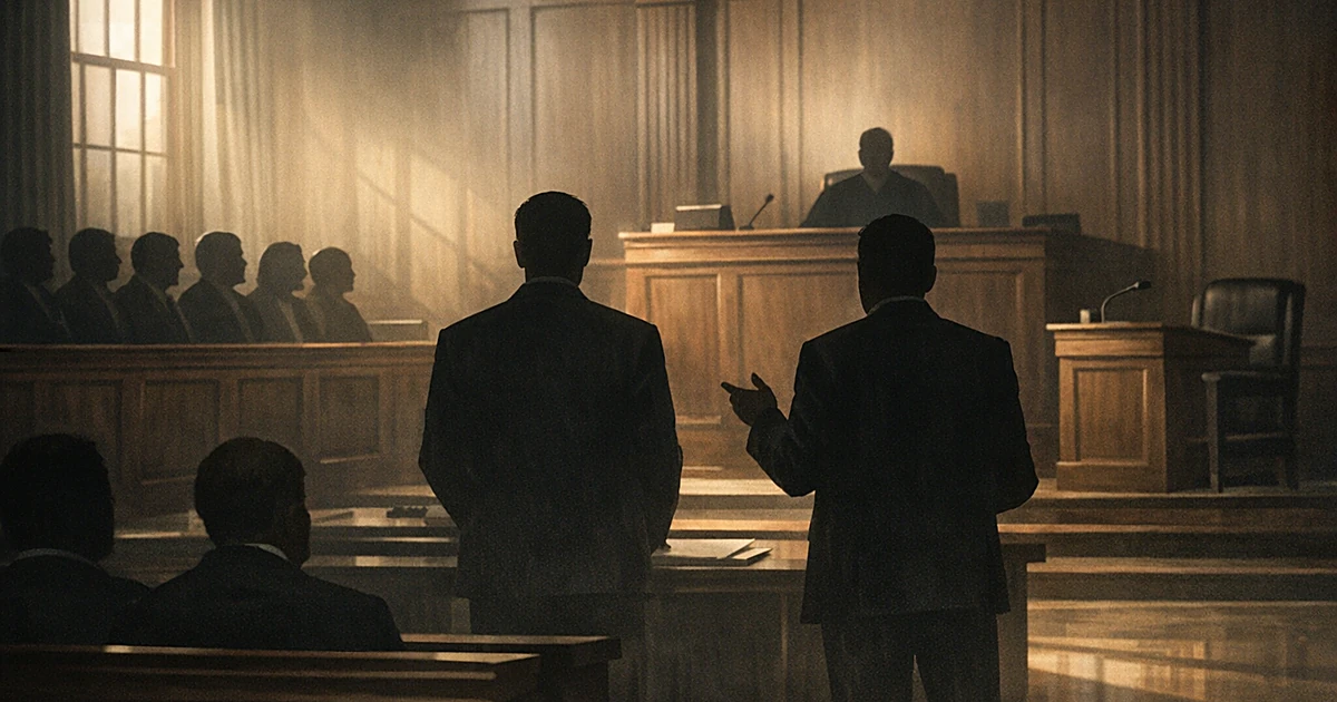 Courtroom scene with silhouetted figures of attorneys and judge during a murder trial proceeding