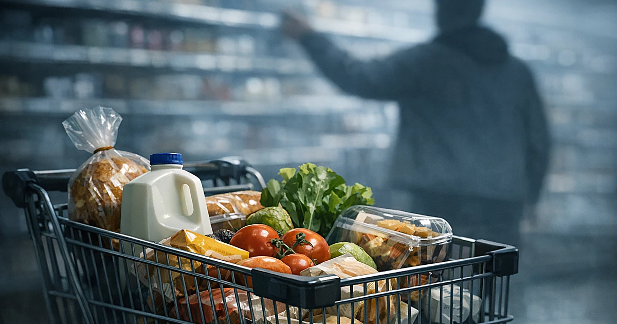 Shopping cart filled with groceries showing elevated price tags in a supermarket aisle with silhouetted shopper