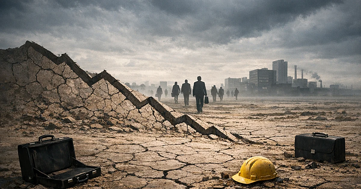 Downward graph line etched in cracked earth with abandoned briefcases and distant silhouettes walking away from buildings