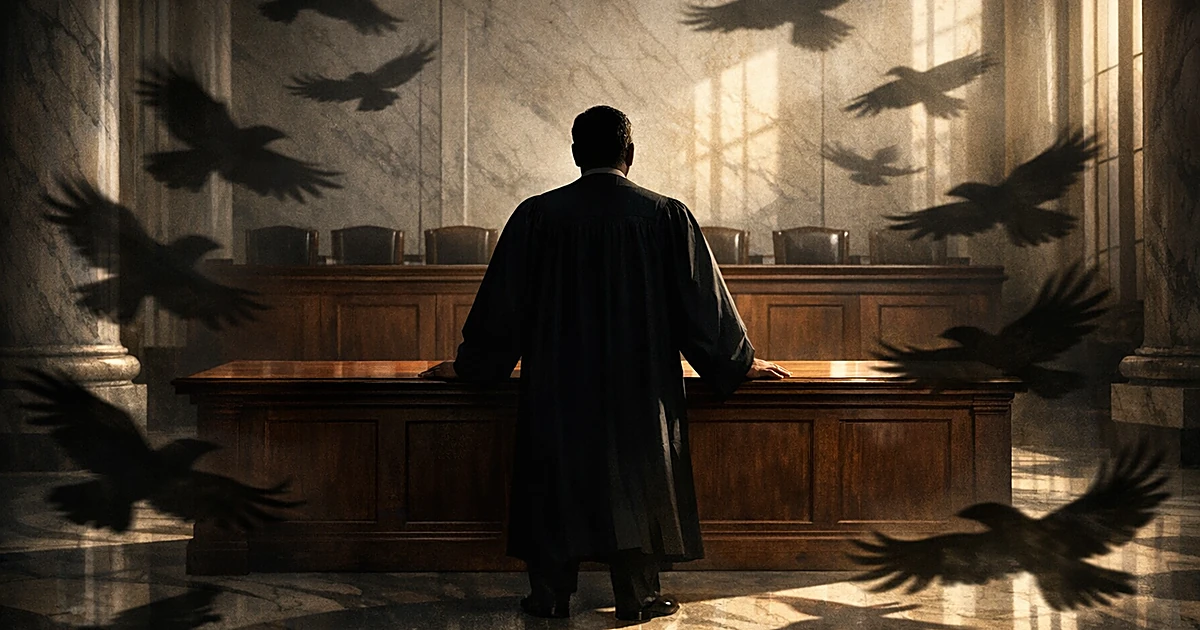 Robed figure at bench surrounded by circling shadows in a courtroom, viewed from behind with dramatic lighting