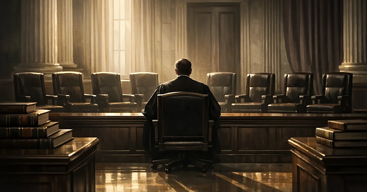Silhouette of judge in robes at Supreme Court bench with empty chairs, viewed from behind in columned courtroom