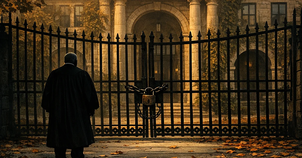 Silhouetted figure in robes facing locked gate of classical law school building with ivy-covered walls