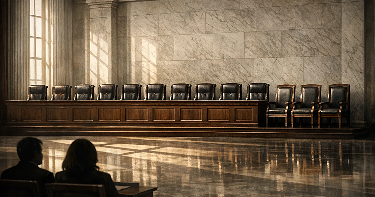 Thirteen empty judicial chairs behind Supreme Court bench, showing expansion from traditional nine seats