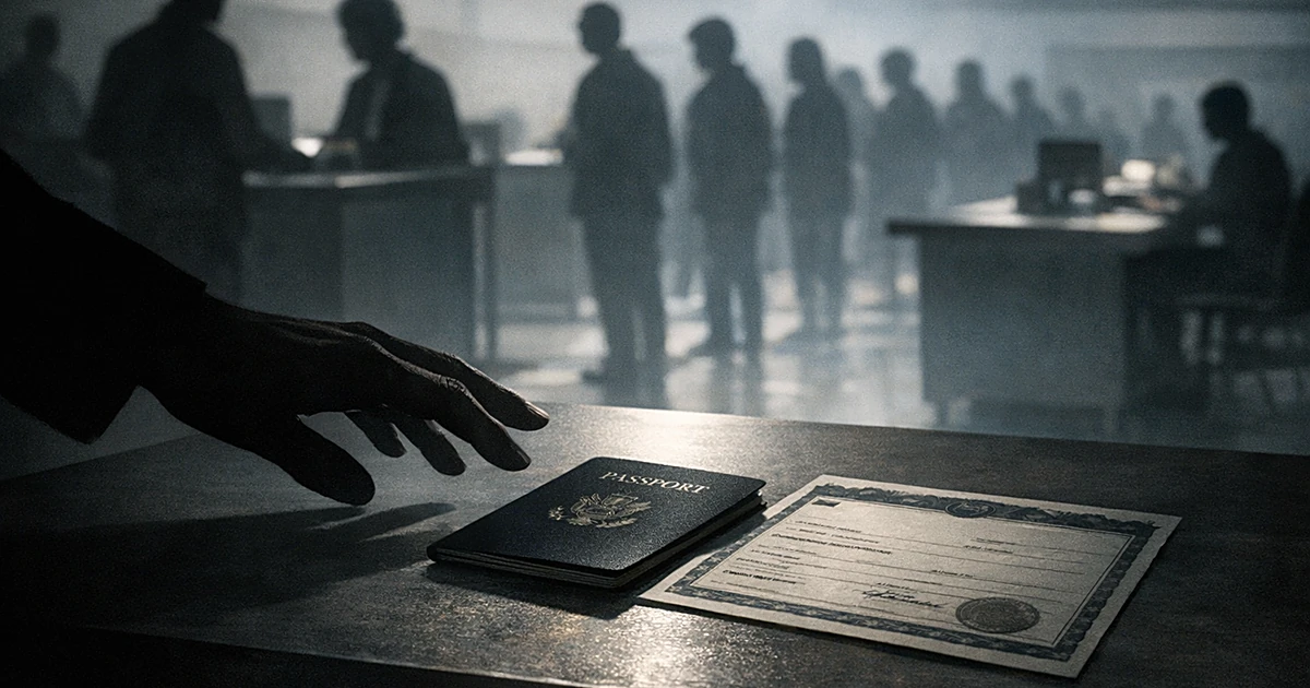 Silhouetted hand reaching for passport and birth certificate on registration desk with people waiting in background
