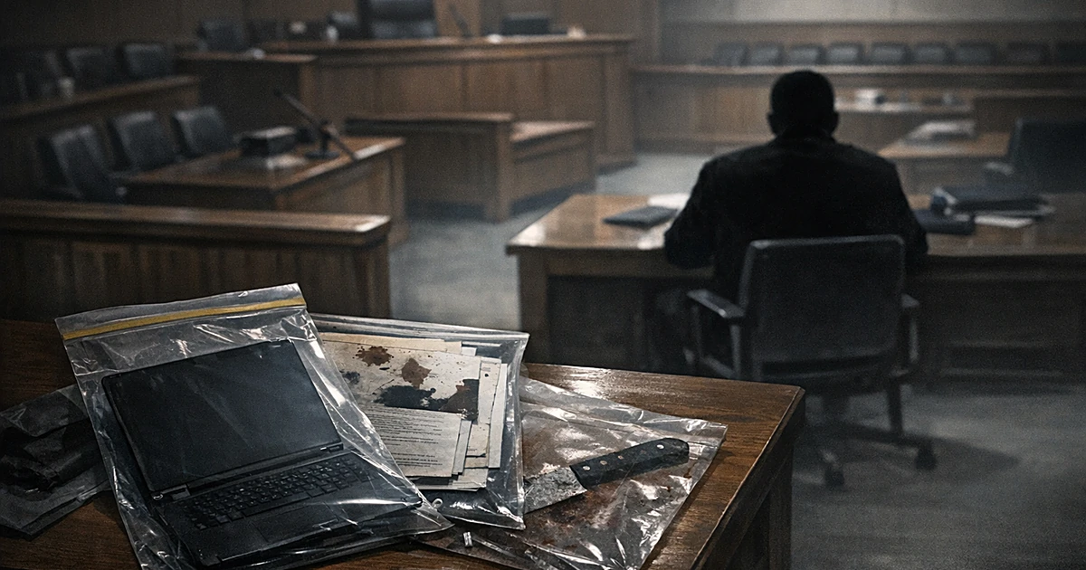 Empty courtroom with evidence bags on table and silhouetted figure at defense table in dim lighting