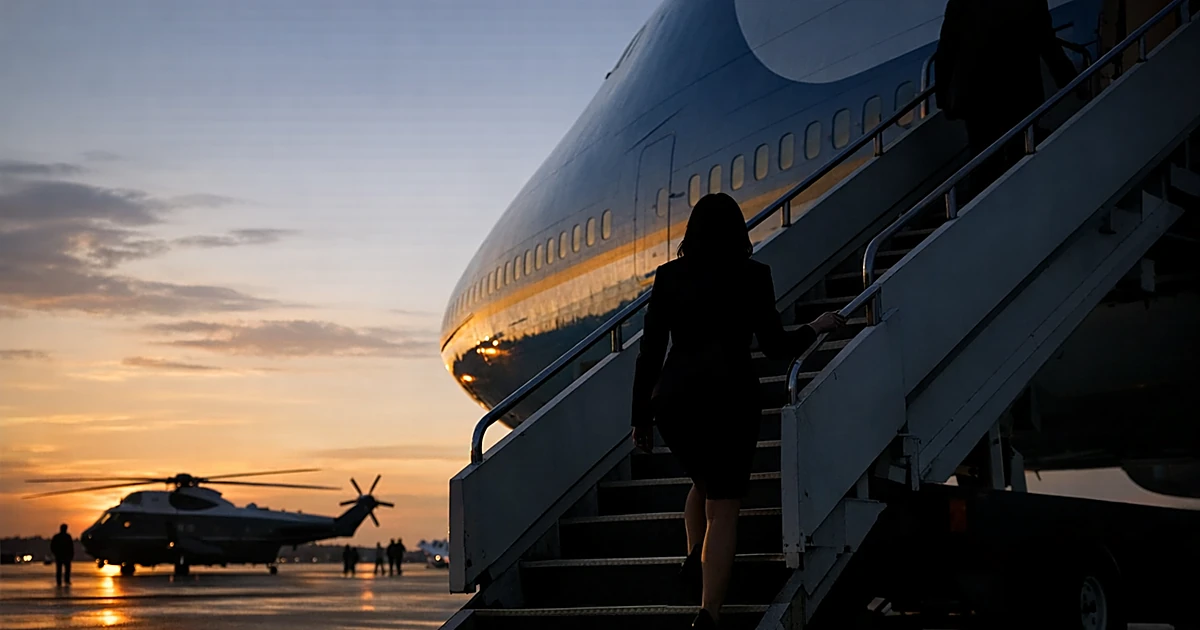 Silhouetted figure climbing aircraft stairs on airbase tarmac at dusk with helicopter in background