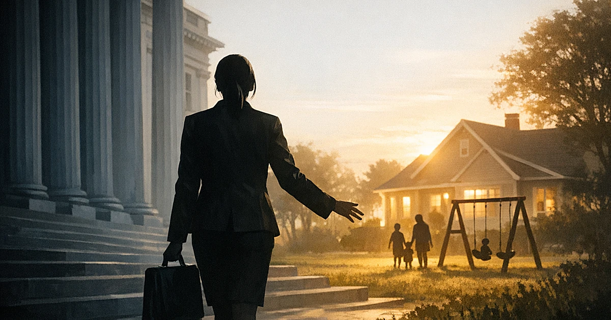Silhouette walking from columned government building toward sunlit home with swing set, symbolizing career transition