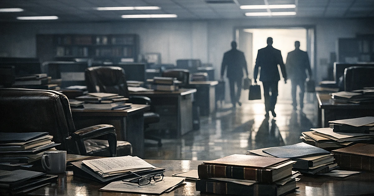 Empty office with scattered legal files as silhouetted figures exit through a backlit doorway