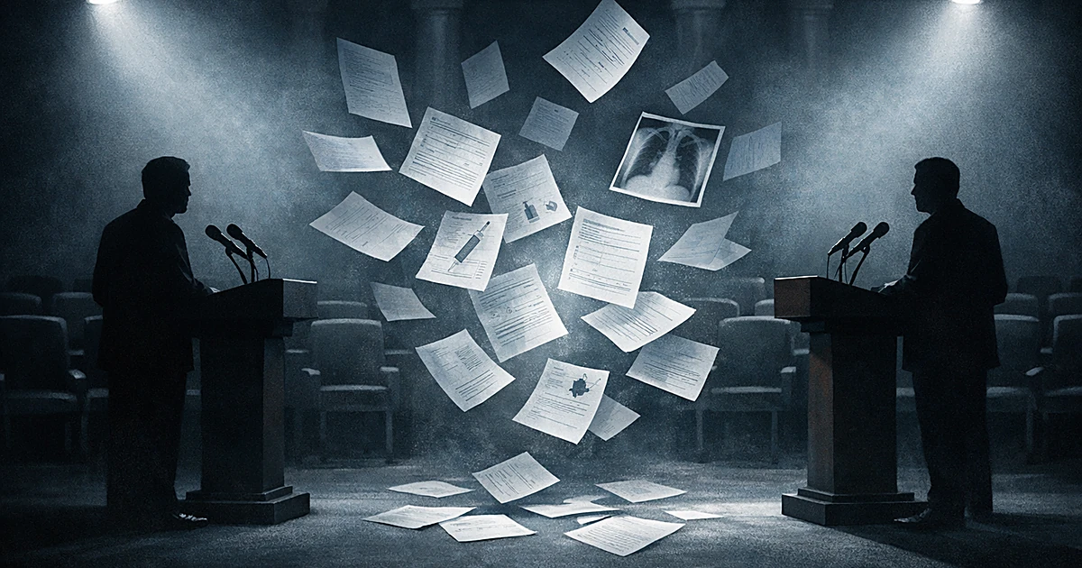 Two opposing podiums in a dark government chamber with floating medical documents between them in dramatic lighting