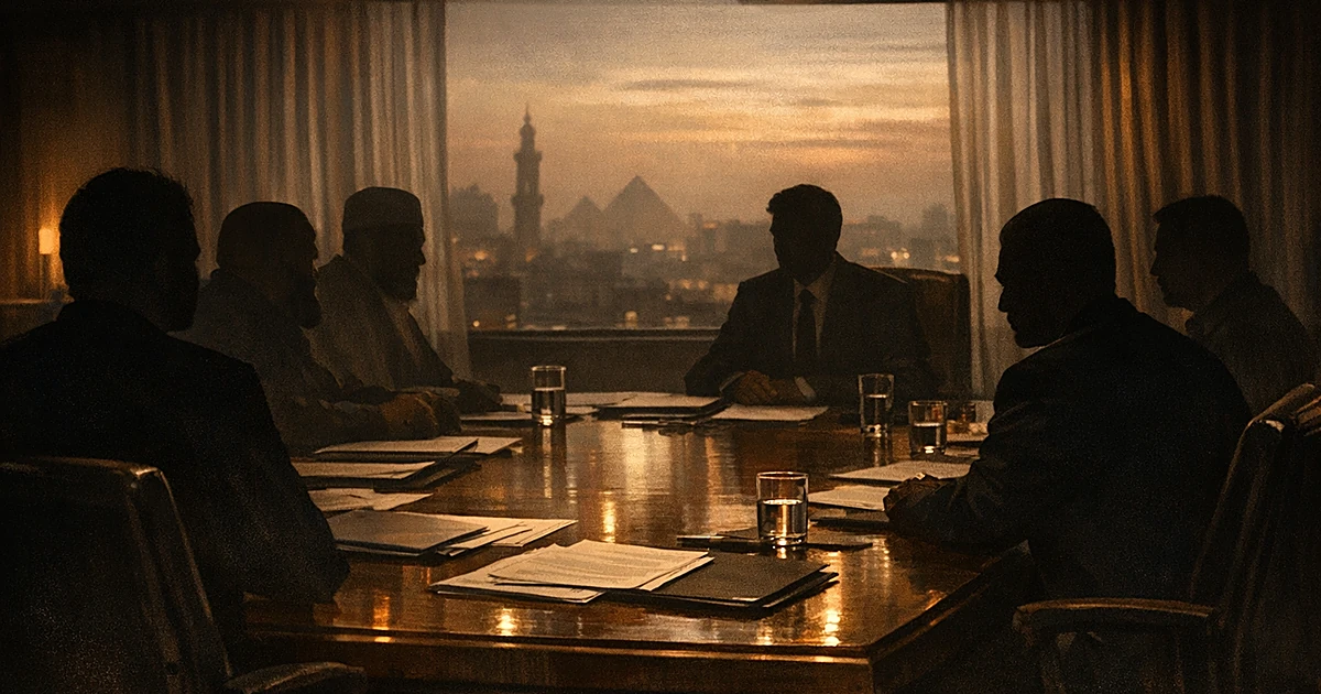 Silhouetted figures seated around conference table in dimly lit room with Cairo skyline visible through window