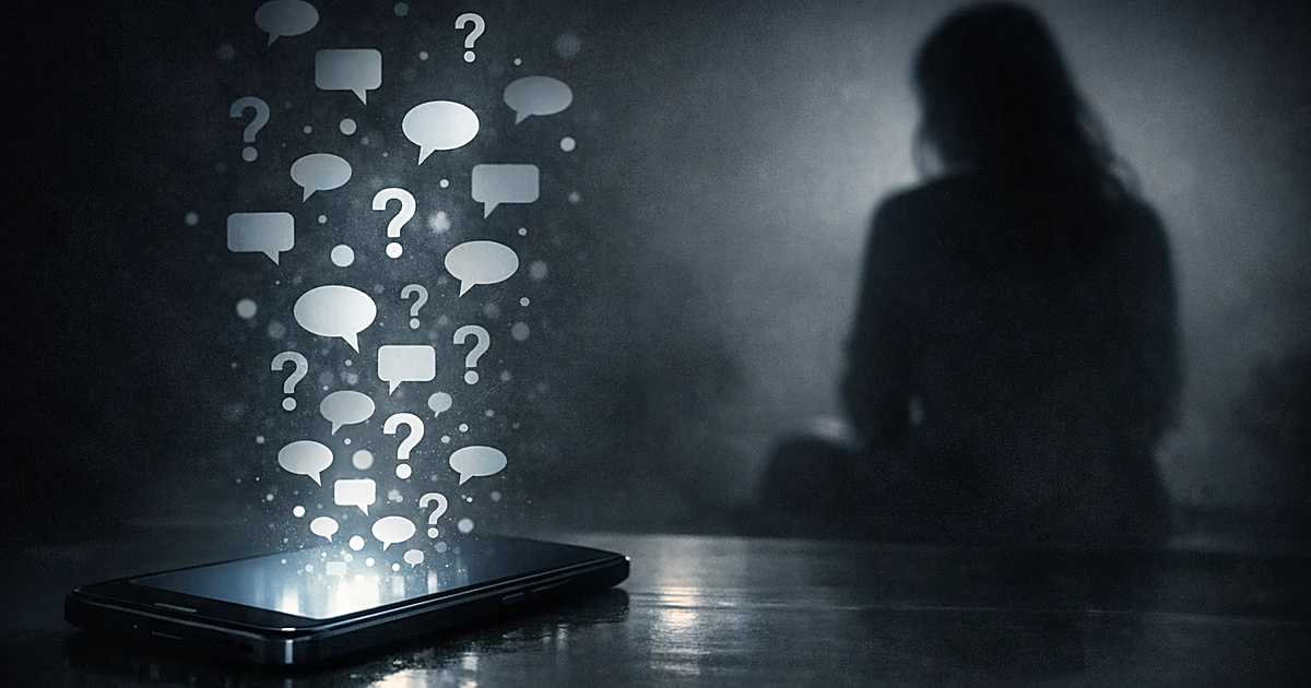 Smartphone with floating question marks and speech bubbles while silhouetted figure sits in background