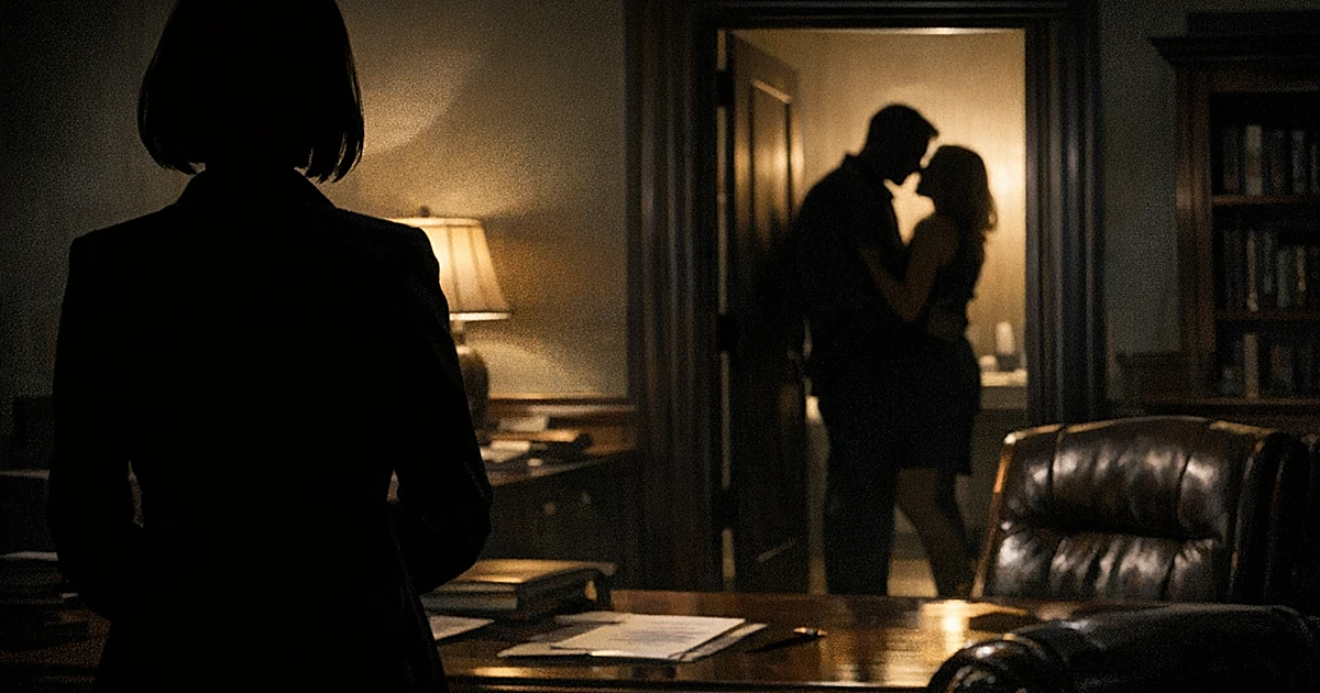 Silhouetted figures in a Senate office with dramatic shadows suggesting a clandestine relationship