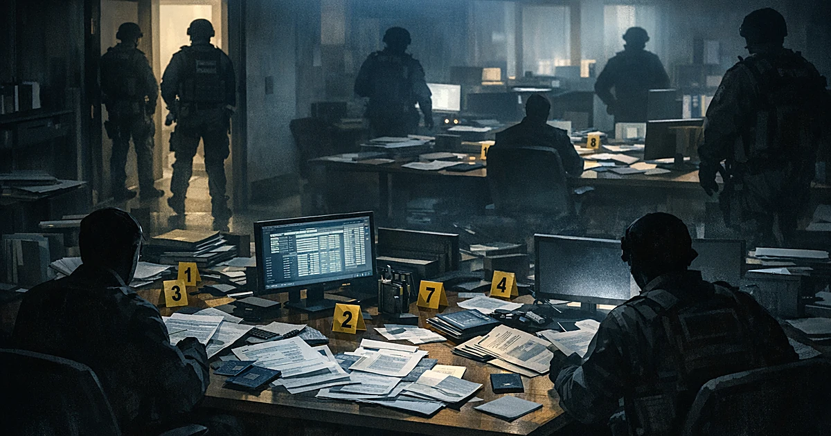 Dark office scene with silhouetted figures, scattered documents, and evidence markers suggesting law enforcement raid