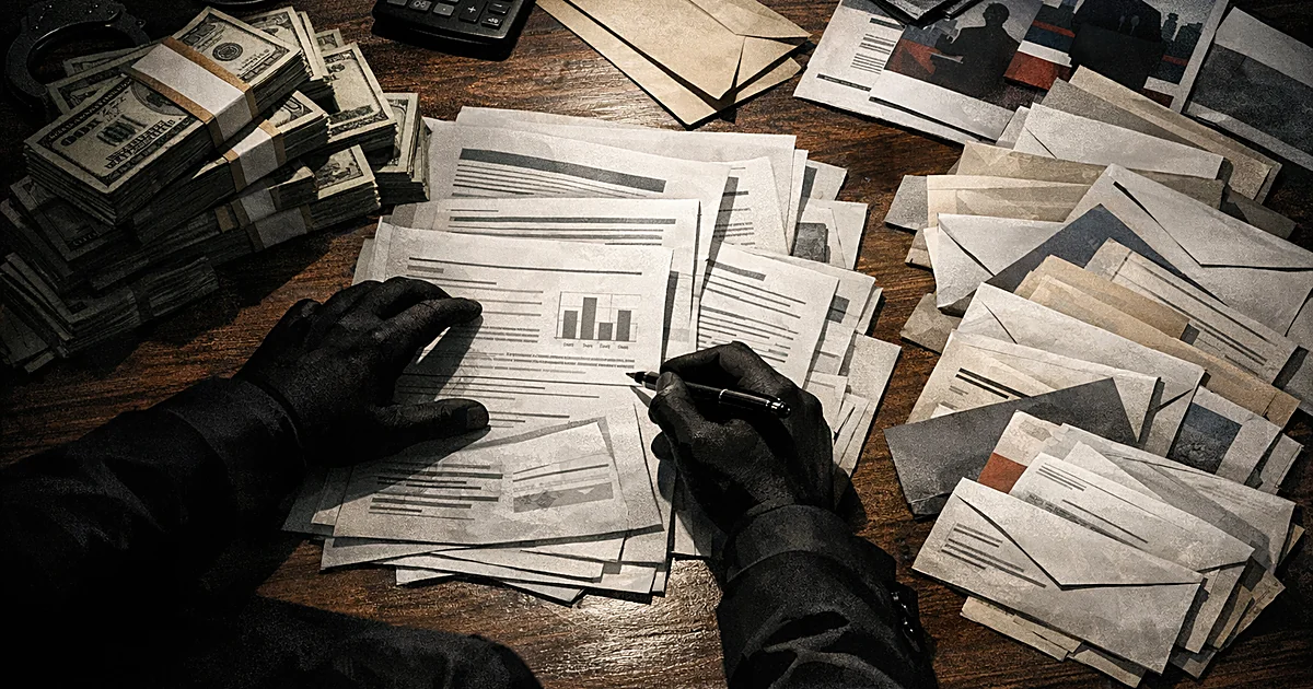 Overhead view of desk with cash, documents, and bills showing misappropriation of funds