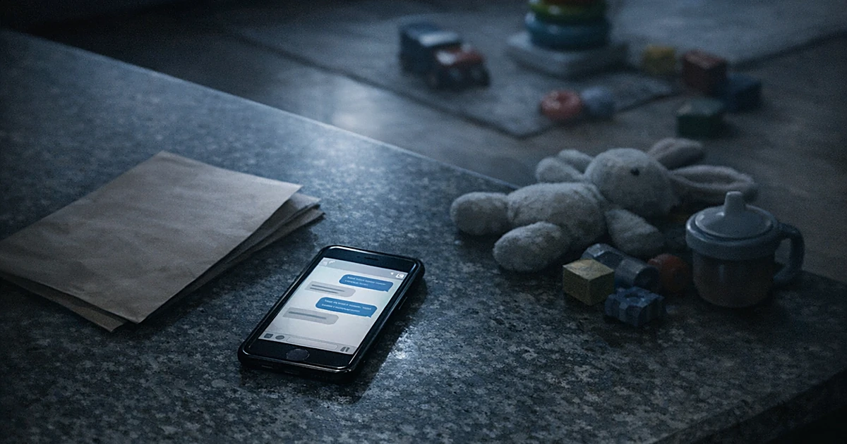 Smartphone with text messages on kitchen counter beside takeout menu and children's toys in dim lighting