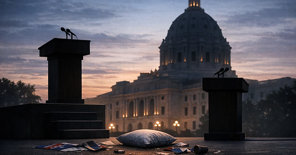 Two empty podiums at different heights with abandoned campaign materials and pillow on floor beneath capitol dome