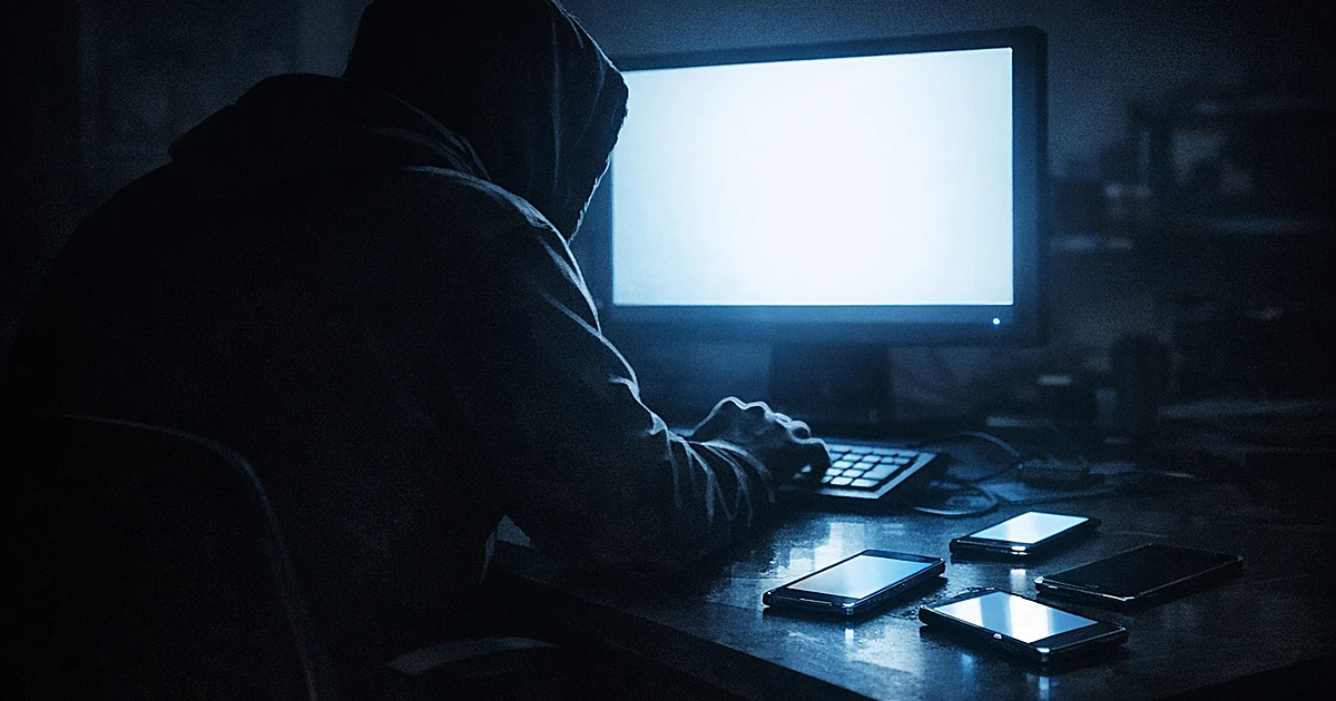 Silhouetted person at computer in dark room with glowing screens, suggesting online threatening behavior