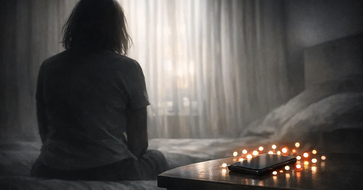 Silhouetted person from behind near glowing phone with notifications in softly lit room