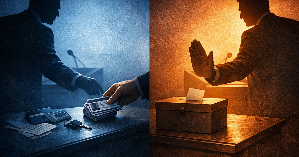Split scene showing silhouette pushing ID cards toward everyday items on left, blocking them from ballot box on right